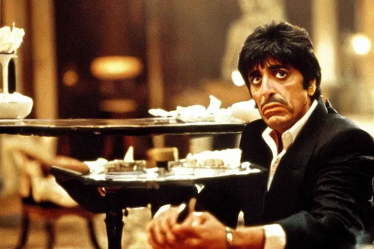 Image similar to tony montana from movie scarface 1 9 8 3 sitting behind a big black oak table with big large packages of flour. long shot. al pacino. perfect symmetric face, coherent eyes, fine details, 4 k, ron cobb. last scene from scarface movie