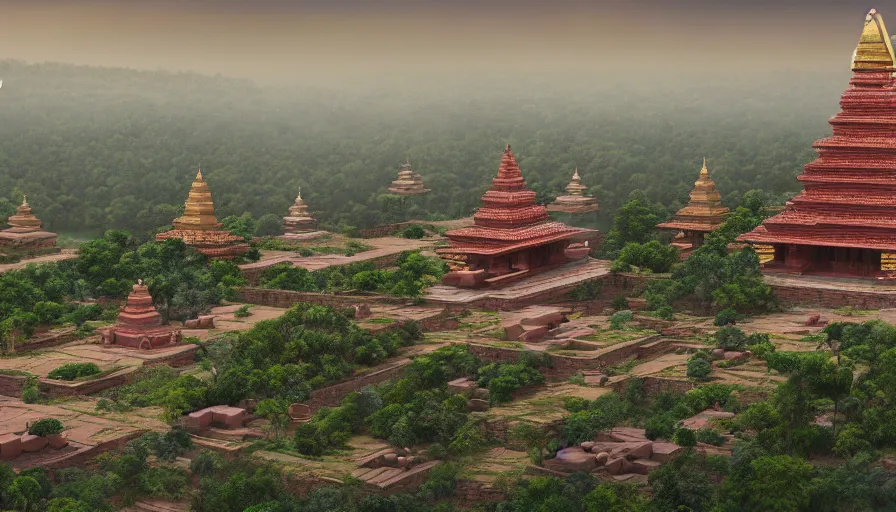 Prompt: matte painting of a beautiful mon - dvaravati village and buddhist temple and stupa made by brick, digital art, trending on artstation