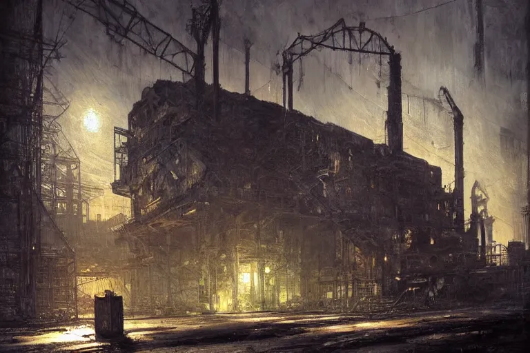 Prompt: An abandoned factory at night , moody scene, highly detailed, intricate, sharp details, dystopian mood, 1950 scene by gaston bussiere, craig mullins, somber lighting, drawn by Giacomo Burattini, inspired by graphic novel cover art, hyperrealistic, 8k by RHADS