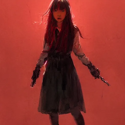 Prompt: full body portrait of a korean schoolgirl with long hair and bangs, her arms are mutating into thin red tedrils, dramatic lighting, illustration by Greg rutkowski, yoji shinkawa, 4k, digital art, sci-fi horror concept art, trending on artstation