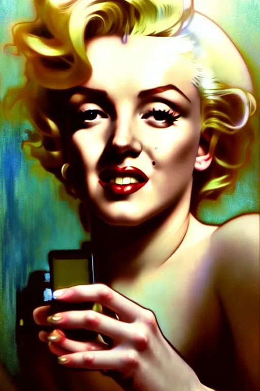 Prompt: hyperrealist portrait of marilyn monroe using a smartphone. by jeremy mann and alphonse mucha, fantasy art, photo realistic, dynamic lighting, artstation, poster, volumetric lighting, very detailed faces, 4 k, award winning