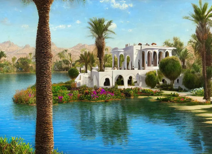 Image similar to A beautiful ultra-detailed painting of a garden villa with a lake in the middle of the arabic desert with a blue sky by Ludwig Deutsch, Trending on Artstation