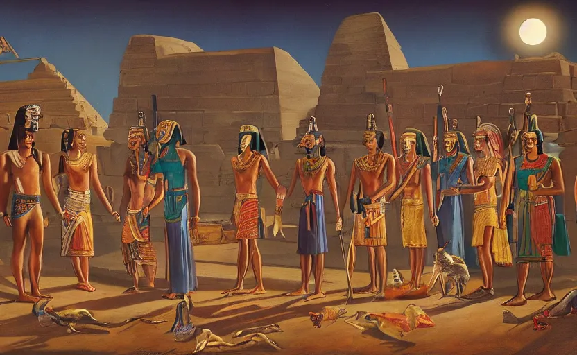 Image similar to a 1 9 5 0's technicolor cinematic scene of actors playing egyptian gods with animal heads, having a ceremony in a moonlit temple in karnak, realism, superior lighting, atmospheric