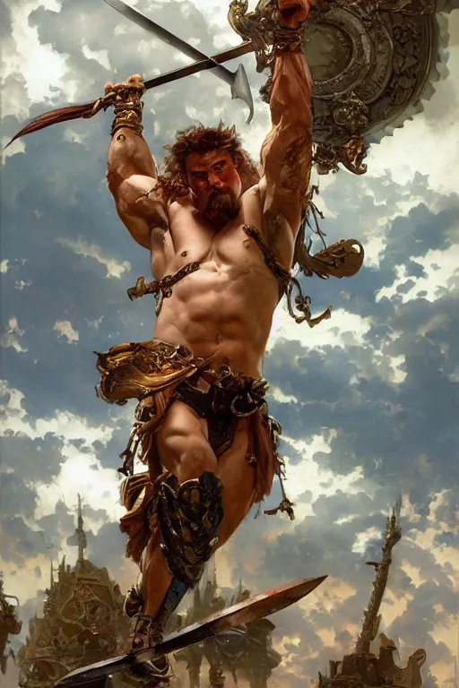 Image similar to muscular male barbarian stabbing the sky, intricate details, large sword, by Stanley Artgerm Lau, by greg rutkowski, by thomas kindkade, by alphonse mucha, loish, by norman rockwell J.