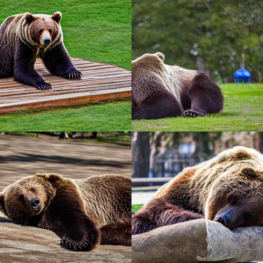 Prompt: Grizzly bear taking a nap in urban park with playground in the background 4k