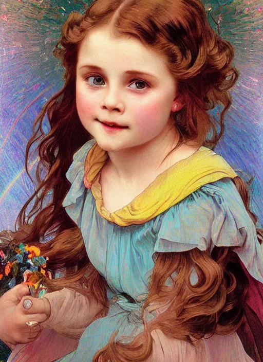 Image similar to a cute little girl with a round cherubic face, blue eyes, and short wavy light brown hair smiles as rainbow colors swirl all around her, chromatic light, rainbow shift. she is wearing a turquoise dress. beautiful painting with highly detailed face by alphonse mucha and artgerm and greg rutkowski