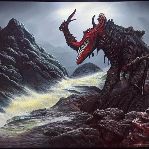 Prompt: high fantasy 1 9 8 0's wargame airbrushed artwork - inspired octane render, a giant massive black latex open mouth set into a rocky cliff, a giant demonic creature wearing black cult robes