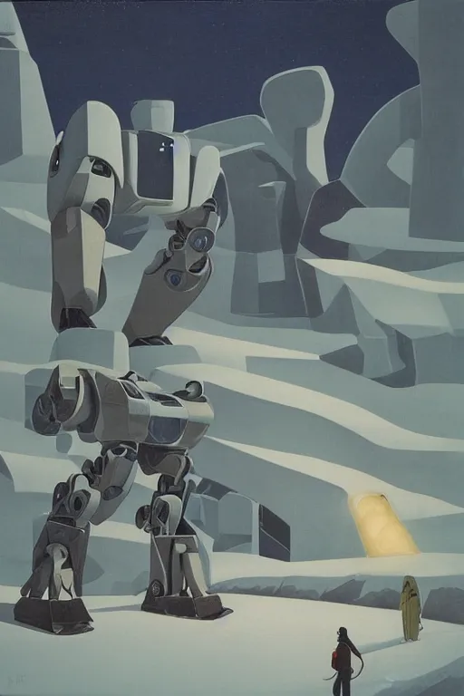 Prompt: giant mecha robot fight with giant сyclops with laser, arctic snow landscape and pillars by helen lundeberg