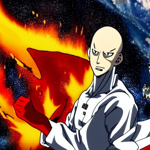 Prompt: saitama punching himself, the universe explodes in bright colorful light, animated, key anime visual, pixiv