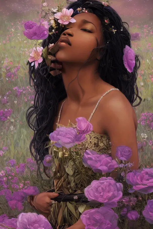 Image similar to ultra realistic illustration, black american girl with flowers blossoming from her hair, standing seductively, wearing night dress, night time, moonlight, snowy, volumetric lighting, elegant, highly detailed, digital painting, concept art, smooth, sharp focus, illustration, art by artgerm and greg rutkowski and alphonse mucha