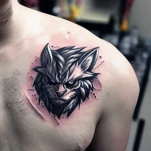 Image similar to a tatoo of rengar from league of legends,