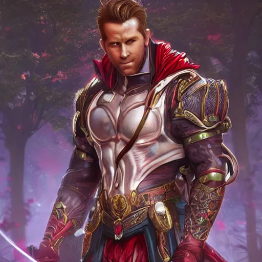 Prompt: ryan reynolds wearing magical boy outfit leans against magical tree romance novel fantasy artwork epic detailed and intricate digital photo trending on artstation by wlop octane render