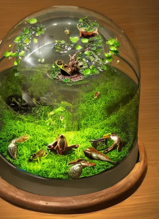 Prompt: a complex eco system in a glass dome with frogs in it.