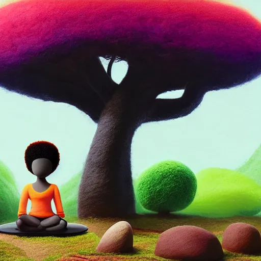 Prompt: a black girl with a colorful afro and big beautiful eyes meditating in an african zen garden with a waterfall!! and a baobab tree, bokeh!, bright colors, synthwave, watercolor, volumetric wool felting, felt, macro photography, children illustration, by goro fujita