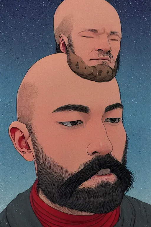 Image similar to a colorful closeup portrait of a beautiful young bald man with a very long wild beard dreaming psychedelic hallucinations in the vast icy landscape of antarctica, by kawase hasui, moebius and edward hopper, colorful flat surreal design, hd, 8 k, artstation