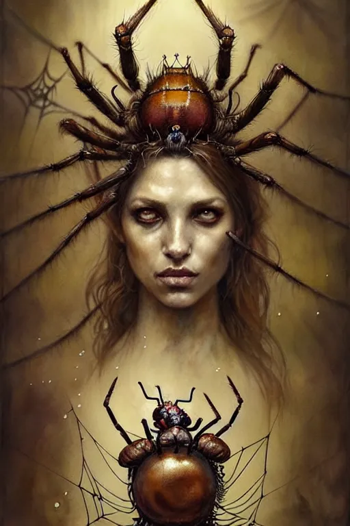 Image similar to spider queen | esoteric symbolism | jean - baptiste monge, esao andrews, bastien lecouffe - deharme, tim jacobus, ken currie | ultra - detailed realism, soft cinematic lighting, hi - fructose, artstation, high - quality, ink watercolors wes anderson poster art