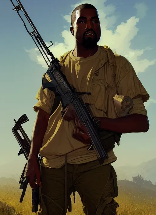 Image similar to highly detailed portrait kanye holding rifle in gta v stephen bliss unreal engine fantasy art by greg rutkowski loish rhads ferdinand knab makoto shinkai lois van baarle ilya kuvshinov rossdraws tom bagshaw global illumination radiant light detailed intricate environment