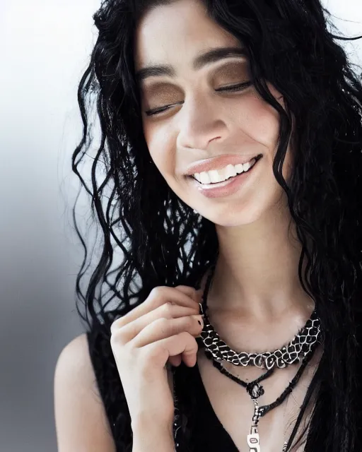 Image similar to a portrait of a beautiful Young female with long disheveled black hair, beautiful and smiling, sweet looks, white skin and reflective eyes, black tank top, black leather shiny jeans, an ankh necklace white colors in the background, 500px photos, top cinematic lighting , cinematic mood, very detailed, shot in canon 50mm f/1.2