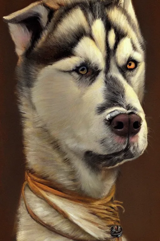 Image similar to a portrait painting of a husky in cowboy costume in the style of anime, a fistful of dollars, per un pugno di dollari, humanoid, personify, anthropomorphic