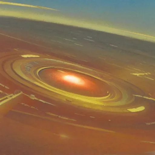 Image similar to painting of a spaceship approaching a dusty reddish brown crater, john berkey