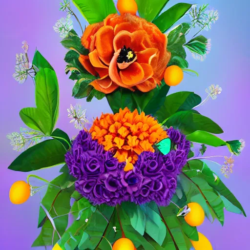 Image similar to a beautiful adorable matte digital painting of a pinata made of orange roses and orange chrysanthemums and purple poppies and green eucalyptus and green leaves, professional lighting, trending on artstation hq, contest winner