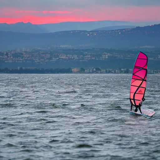 Prompt: windsurfing over stormy lake geneva with sunset in the back