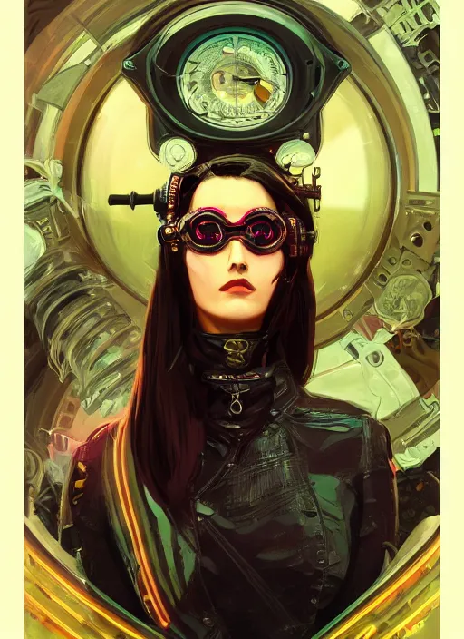 Prompt: a portrait of a dark haired woman, neon, retro, steampunk, goggles, smooth, sharp focus, centered in frame, rule of thirds, intricate, artstation, detailed concept art by Rutkowski and Mucha and sky sewa and Marc Simonetti