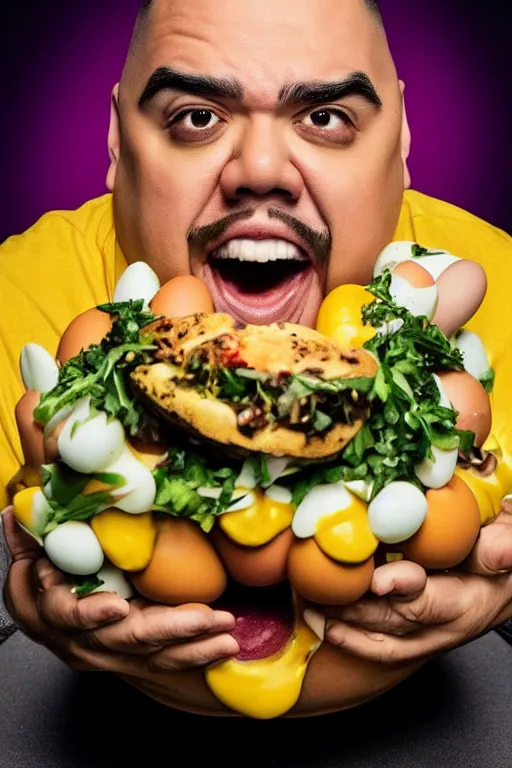 Image similar to 📷 gabriel iglesias the egg 🥚, made of food, head portrait, dynamic lighting, 4 k