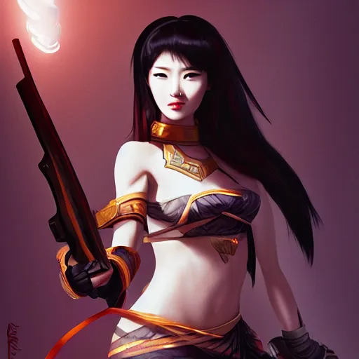 Image similar to beautiful Asian woman with a weapon, full view, character design, warrior outfit, dramatic lighting, by seunghee Lee,detailed, artstation