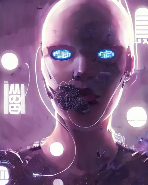 Image similar to cyborg removing her human mask revealing wires and gears behind her face, white mask, futuristic, y2k aesthetic, dramatic lighting, illustration by Greg rutkowski, yoji shinkawa, 4k, digital art, concept art, trending on artstation