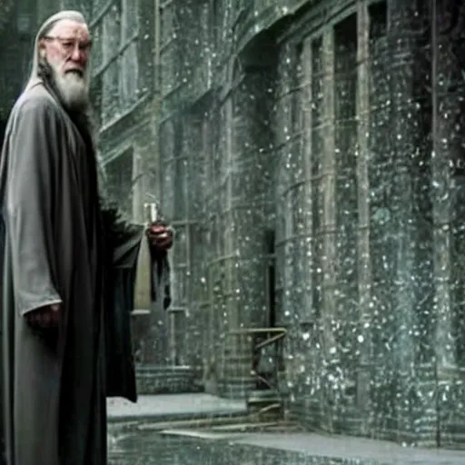 Prompt: Movie still of Albus Dumbledore in Matrix