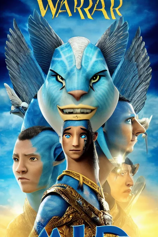 Image similar to a warrior princes with blue skin and a face of an eagle, avatar movie poster