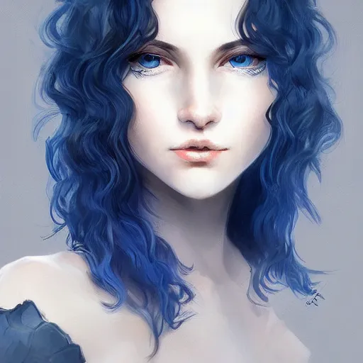 Image similar to pale girl with striking blue eyes and curly short black hair, digital art, trending on artstation