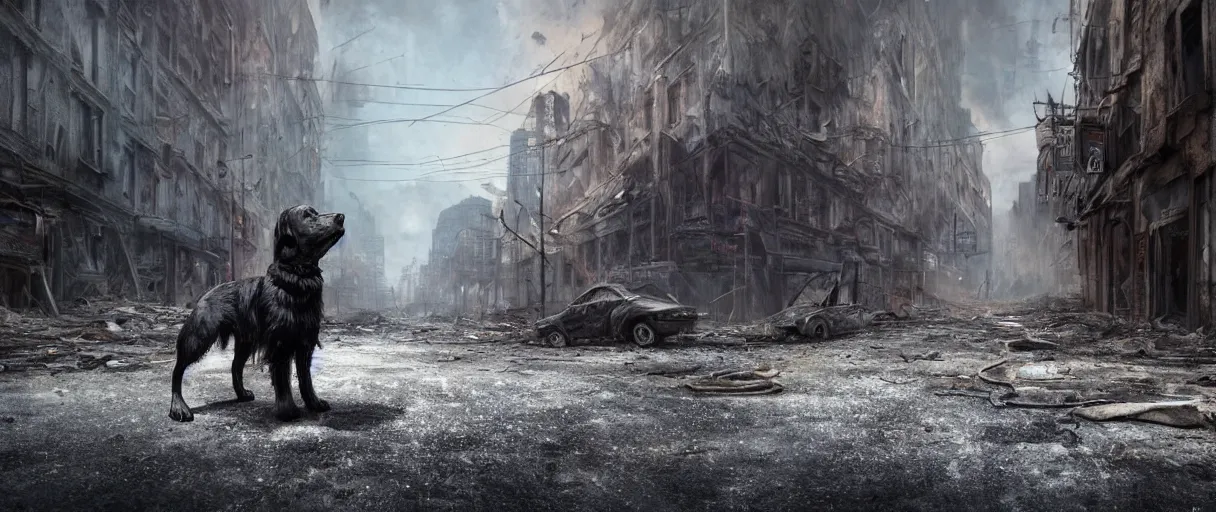 Prompt: A beautiful hyper realistic ultra detailed matte painting of a close-up front view of scruffy black hound standing in the middle of a city street at night in an abandoned post-apocalyptic city, abandoned cars on fire, crumbling buildings, unreal engine, deviant art, flickr, artstation, octane render, textured, colorful, extreme realistic detail, physically based rendering, pbr render, very detailed, volumetric lighting, octane render, 4k, cinematic, 8k resolution,