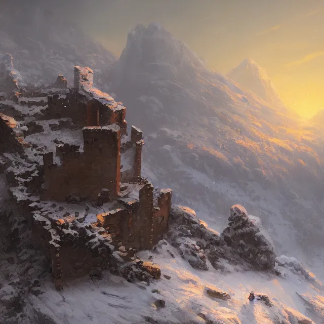 Prompt: a painting of a ruined castle in the middle of a snowy mountain, a detailed matte painting by andreas rocha and greg rutkowski, sunset, featured on artstation, fantasy art, matte drawing, matte painting, artstation hq