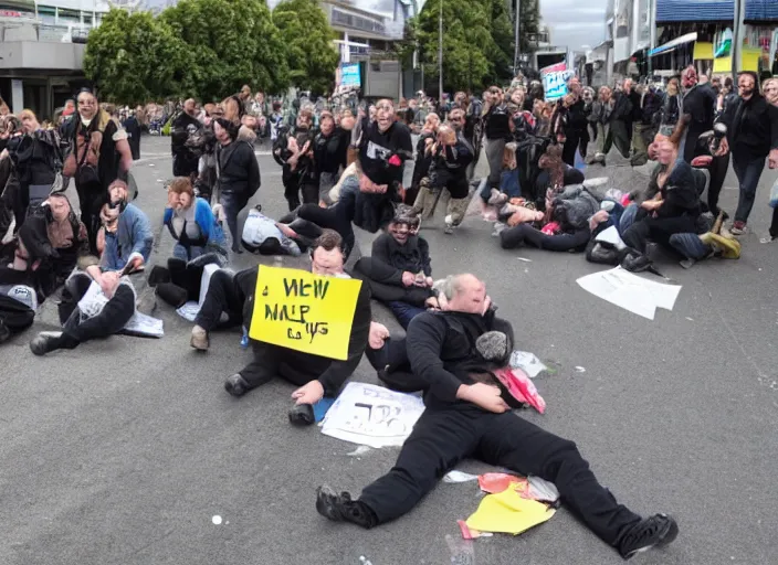 Prompt: A group of New Zealand Freedom protesters being outraged about potholes. News footage