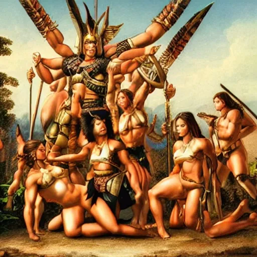 Prompt: muscular amazonian warrior women doing glorious battle in ritualistic combat wearing spartan armor, weeping femboys sitting on the side pleading for peace, neoclassical art