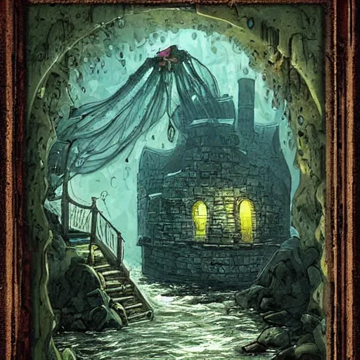 Image similar to drowned bandit lair, sewers, victorian, warehouse, fantasy art