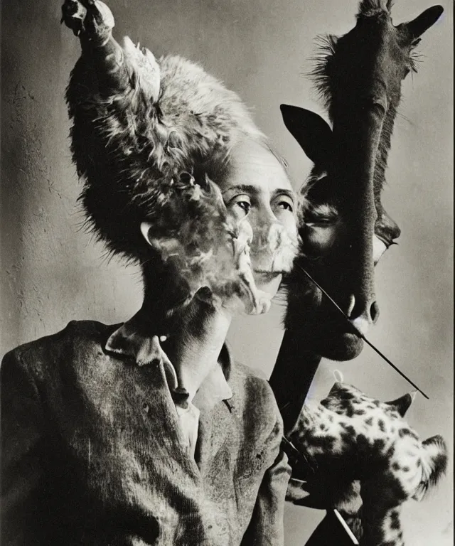 Prompt: photographic portrait max ernst sad woman cat feathers face cigarette smoke, holding a giraffe, editorial