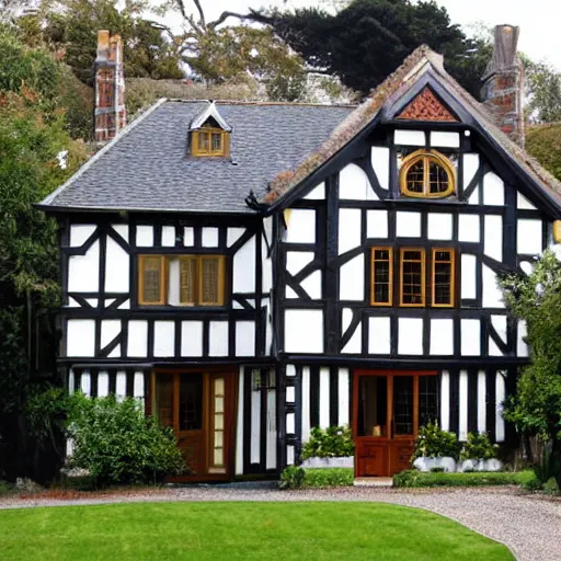 Prompt: house in old style Tudor by the sea, exterior