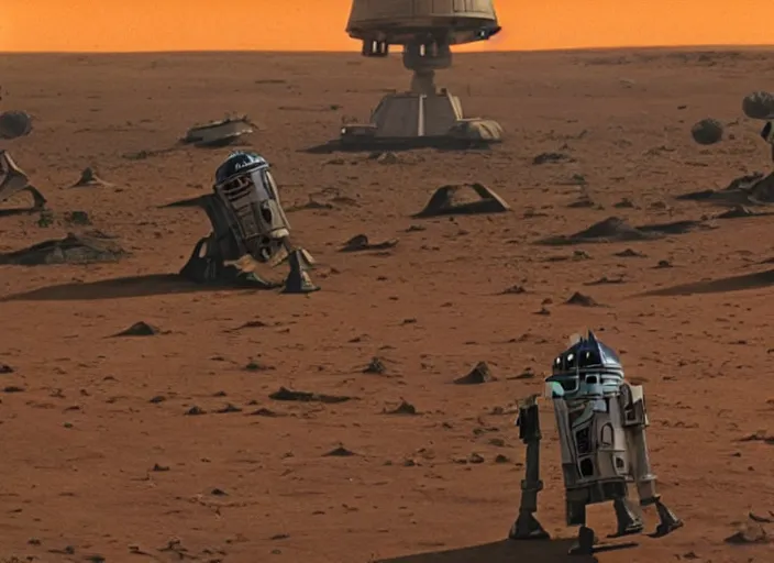 Image similar to screenshot of a wide shot of tropical planet Imperial Probe Droids from star wars, the 1970s film by Stanley Kubrick, attacking Han Solo, iconic scene, stunning cinematography, hyper-detailed, crisp, anamorphic lenses, kodak color film stock, 4k, stunning