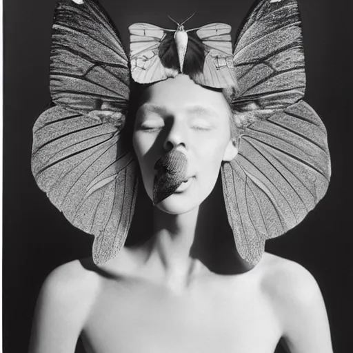 Prompt: a person with moth wings and a proboscis, large format film fashion photograph by richard avedon