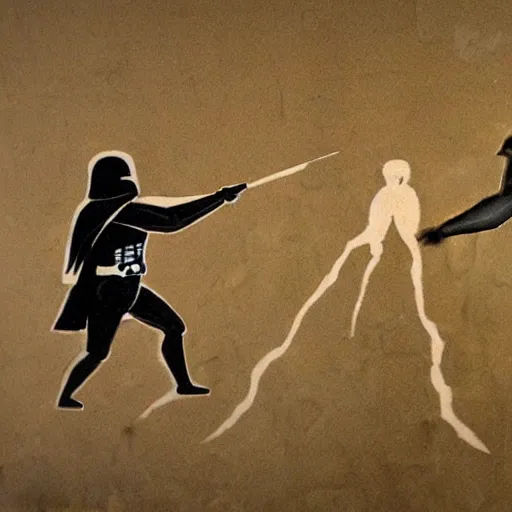 Image similar to Cave painting of Darth Vader fighting