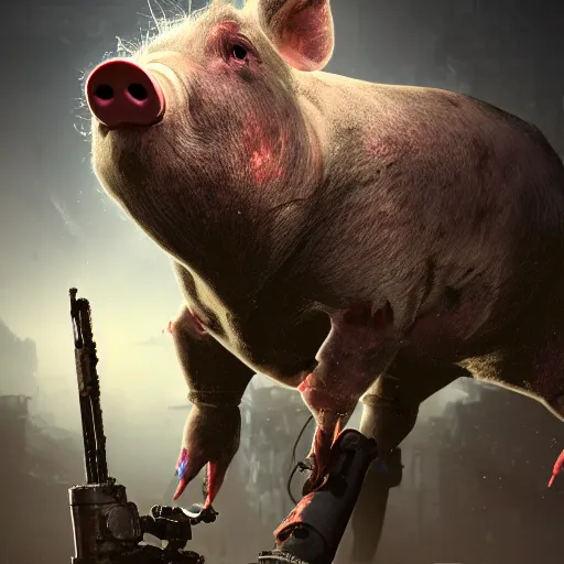 Image similar to pig zombie in gasmask, details face, photo, bloody eyes, unreal engine, digital, artstation, detailed body, heavenly atmosphere, digital art, overdetailed art, trending on artstation, cgstudio, the most beautiful image ever created, dramatic, award winning artwork, beautiful scenery