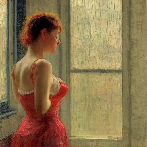 Prompt: A woman looking through a rainy window, back view, lace lingerie, modest, 1950s, americana, award-winning, warm colors, by Ilya Repin, deviantart