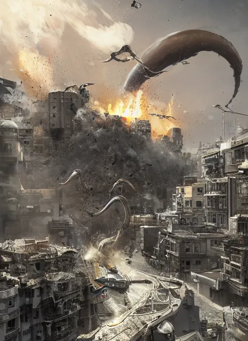 Image similar to hyper realistic squid robot attacking cape town city, table mountain explosions, atmospheric beautiful details, strong composition drawn in ink by kim jung giu weta studio rutkowski, james gurney and greg rutkowski, and lucasfilm