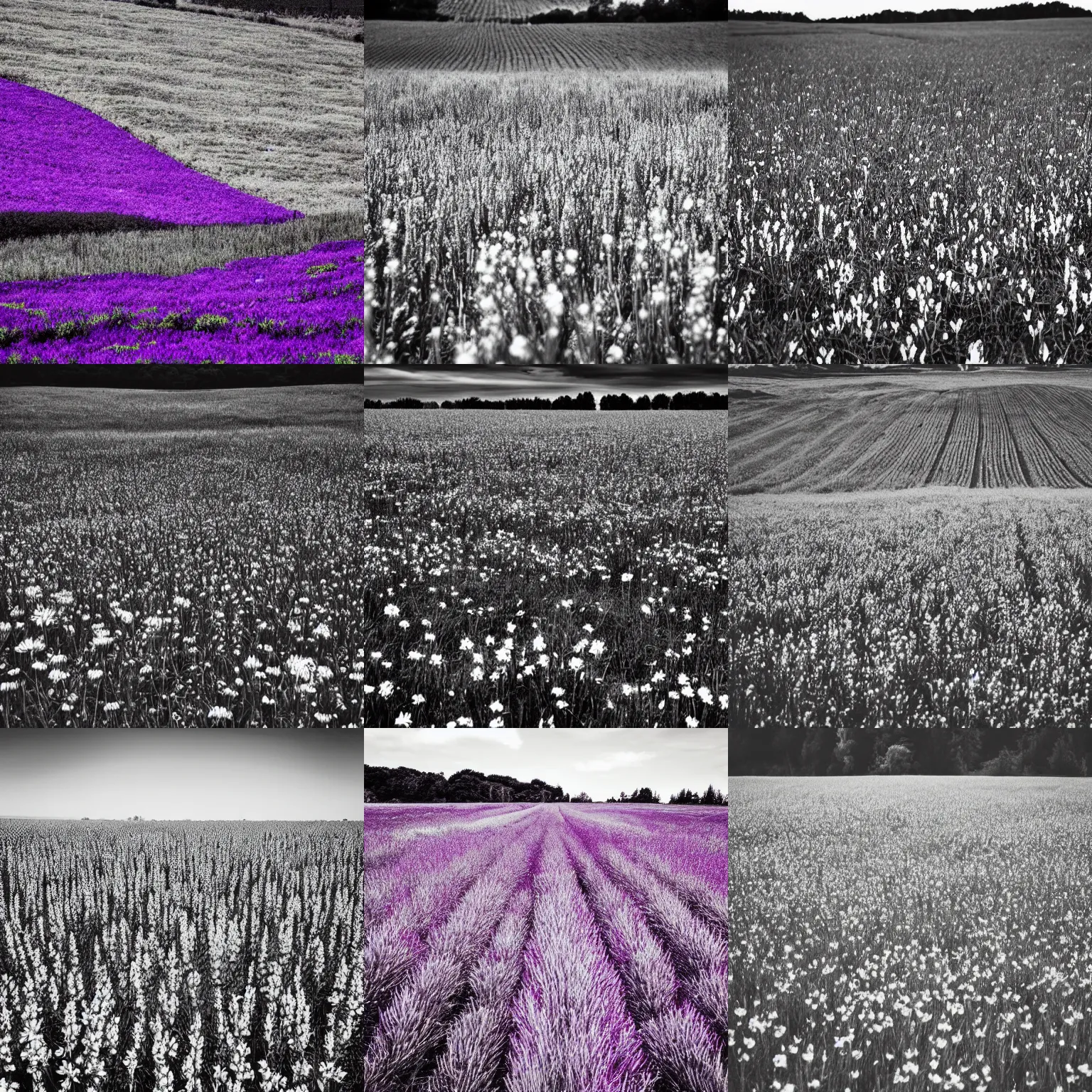 Prompt: incredible black and white artwork of a field with purple flowers