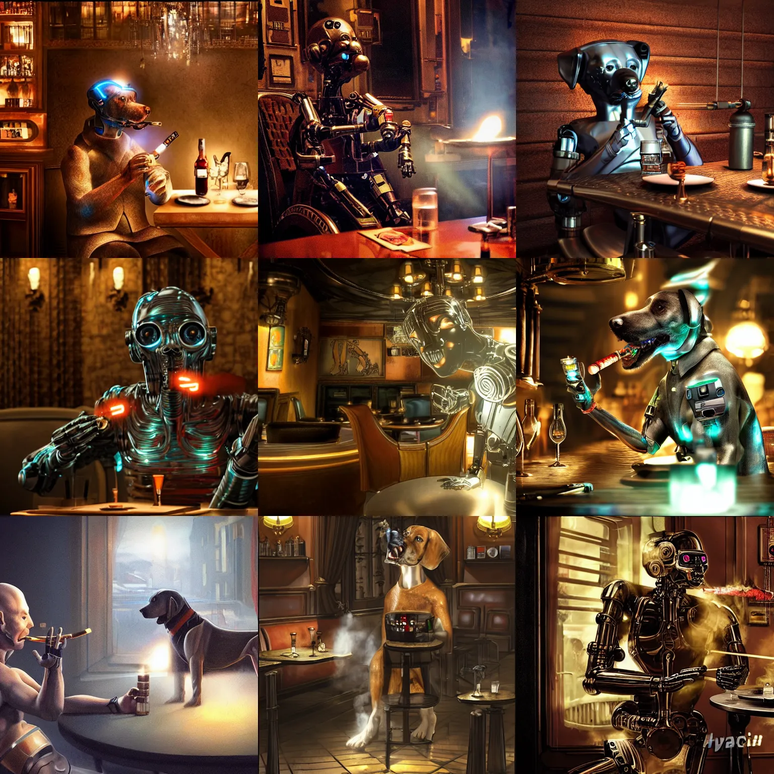 Prompt: A cybernetic humanoid dog smoking a cigar in a fantasy Parisian pub, hyper realistic, detailed, cinematic lighting