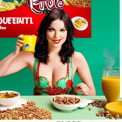 Prompt: Attractive and beautiful lizard pinup model eating cereal in an healthy breakfast ad