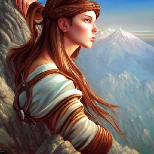 Prompt: an incomprehensible god at the top of a far off mountain, painting, artgerm